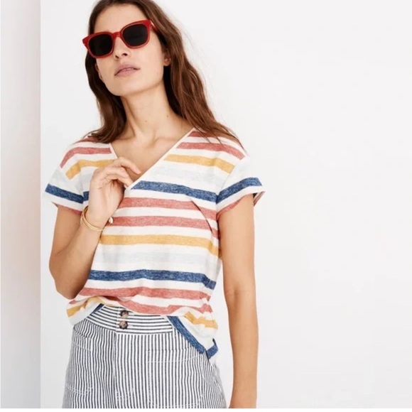 Madewell Tops - Madewell Skyline V-Neck Tee with Red, Blue, and Mustard Stripes EUC- worn once